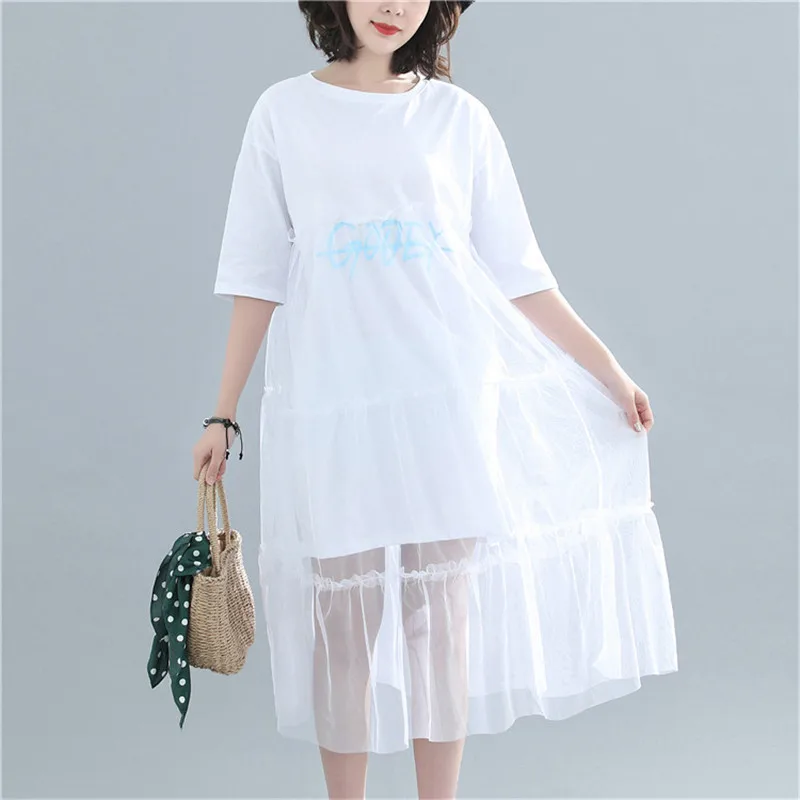 2019 Лето литературный Большие размеры Для женщин Сетчатое платье шить с коротким