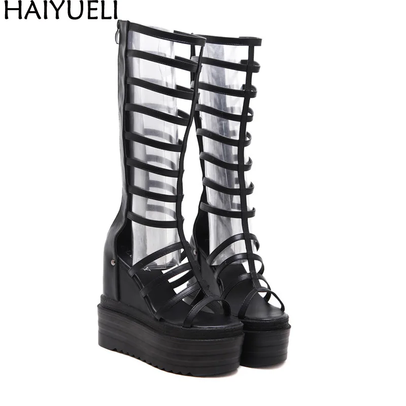 Женская обувь Босоножки на высоком каблуке Летние римские сандалии до колена