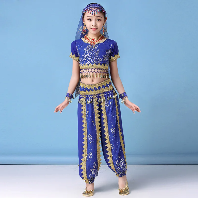 royal blue Детская одежда для танца живота для девочек индийские наряды сари Болливуд танцевальный костюм комплект 8 шт - Цвет: royal blue