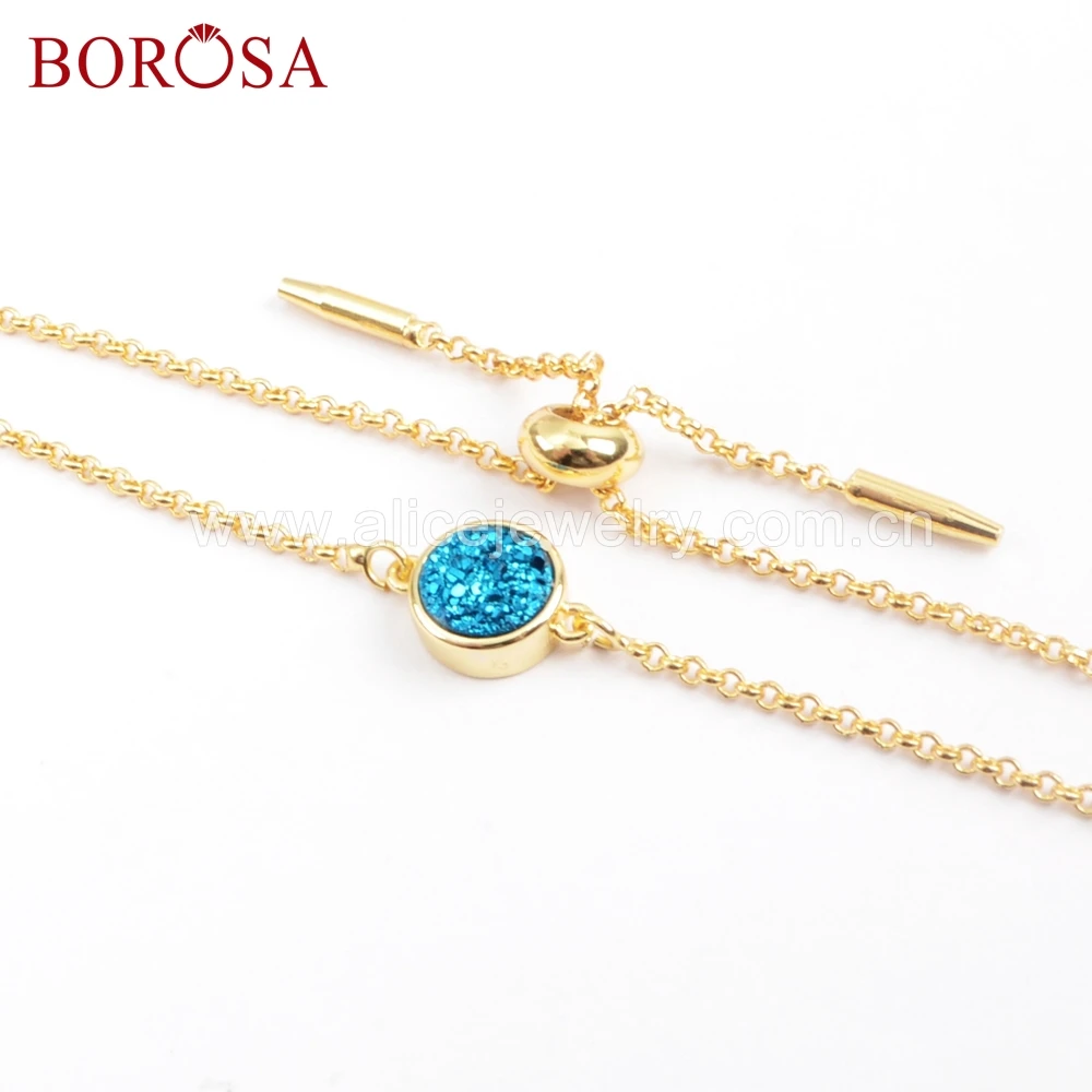 

BOROSA 5/10PCS Round Titanium Rainbow Druzy 8.5mm Gold Bezel Adjustable Bracelet Fashion Drusy Bangles for Girls as GIFT ZG0368