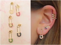 simple minimal women jewelry gold 5 colorful cz paved safety pin paperclip stud earring fashion