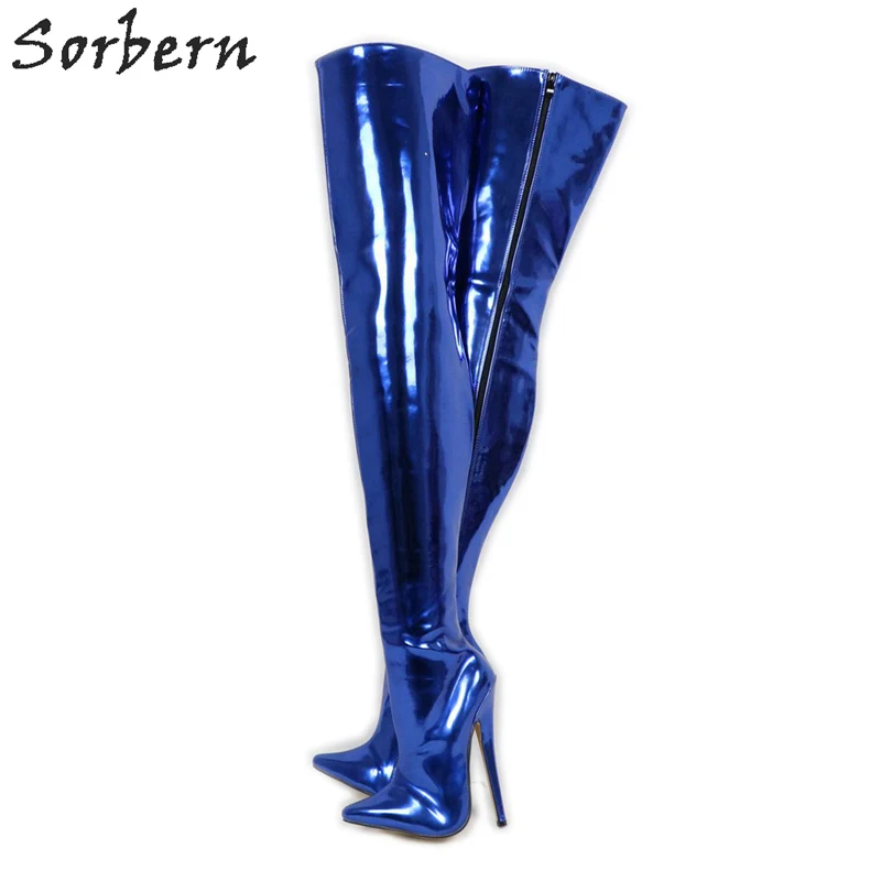 

Sorbern Sexy Crotch Thigh High Boot 18Cm Spike High Heel Stilettos Metallic Royal Blue Fetish Unisex Custom Wide Calf Fit Boots