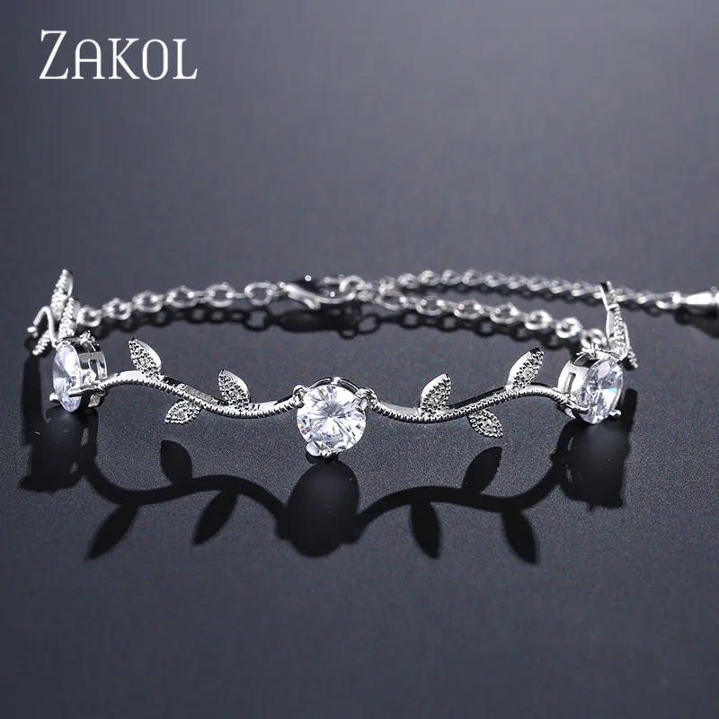white Color ZAKOL модные ювелирные изделия невесты белого цвета в виде листа, очаровательный браслет с кубическим цирконием и браслеты с прозрачными CZ кристаллами, браслеты для женщин FSBP177 - Окраска металла: white Color
