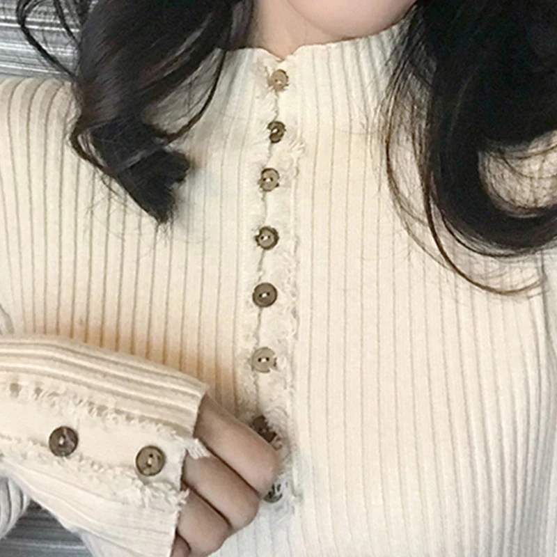 

Pullovers Women Thicker Knitting O-Neck Single Breasted Solid Long Sleeve Womens Slim Warm Korean Style Simple Pullover Elegant