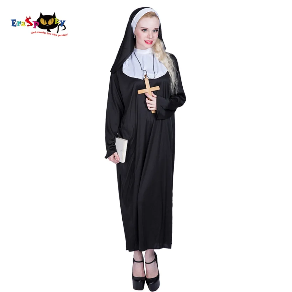 Eraspooky Nuns Dress Robe Women Sister Court Cosplay Female Halloween Costume Vintage Religion Black Hooded Gown Fancy Dress