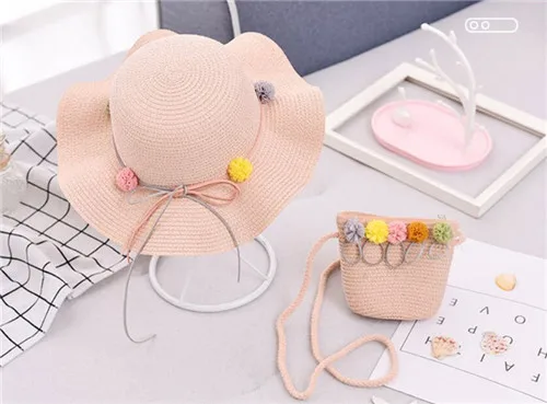 5color-pink Соломенная красивая шляпа с цветочным рисунком для маленьких девочек, летняя шляпа для девочек, пляжная шляпа с козырьком, соломенная сумка, комплекты из двух предметов - Цвет: 5color-pink