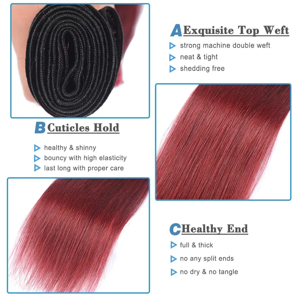 Remyblue Ombre 1B 99J красные бордовые человеческие волосы 3 пучка s с закрытием прямые