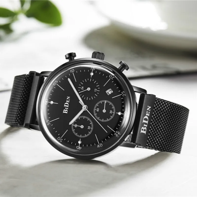 Модные Повседневные Роскошные Брендовые мужские часы BIDEN черные миланские
