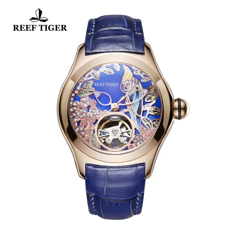 Reef Tiger Top Brand Luxury Women Watches Blue Leather Strap Analog Mechanical Watches Steel Sport Watches RGA7105 enlarge