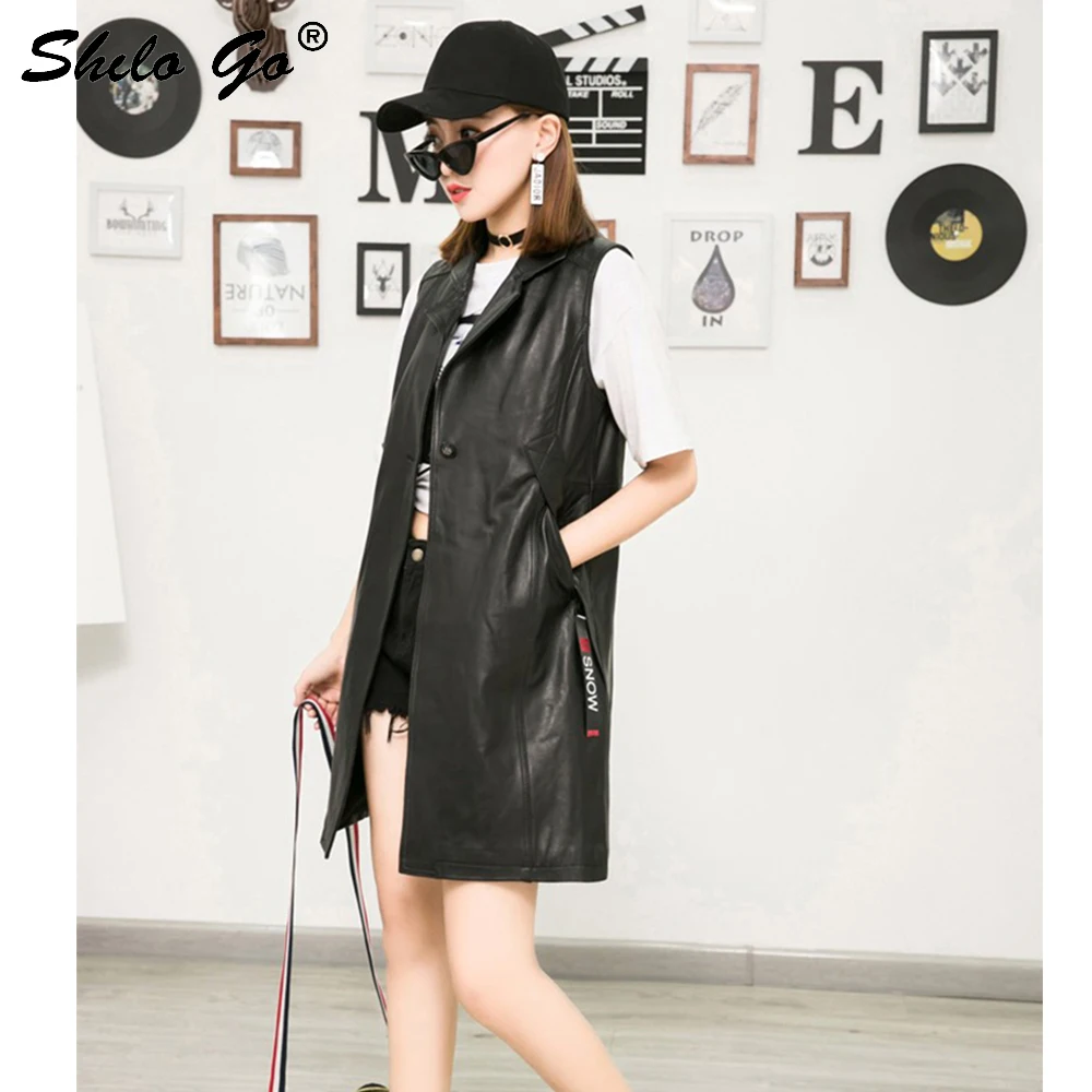 Streetwear Leather Vest Women Summer Casual Sleeveless Single Breasted Sheepskin Genuine Long Side Pocket Vests |