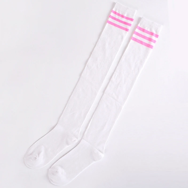 White(Pink striped) Женские сексуальные Полосатые чулки выше колена для девушек, хлопковые носки для студентов - Цвет: White(Pink striped)