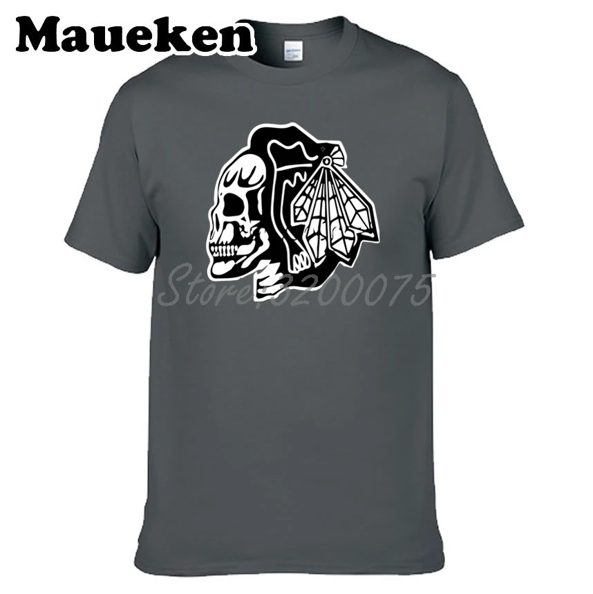 Мужские футболки Chicago Blackhawks skull fans Game 100% хлопковые с круглым вырезом хлопковая