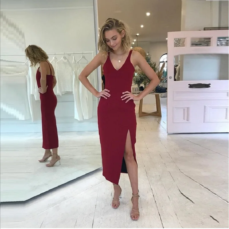 Women Fashion Red Spaghetti Strap Bandage Dresses New Sexy V-Neck Split Party Dress Summer Sleeveless Knee Length Club Vestidos | Женская