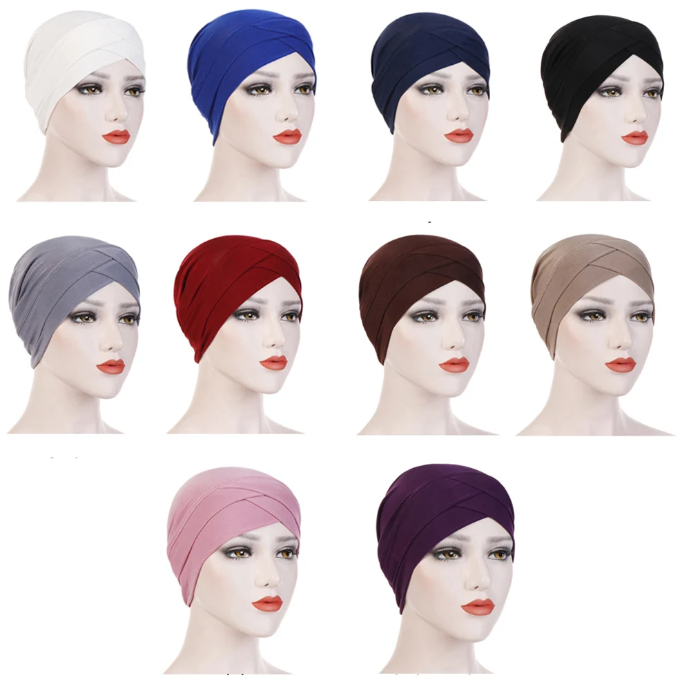 

Bohemian Stretchy Women Caps Scarf Cotton Cross Muslim Hijab Headscarf Turban Ramadan India Hats Crinkle Hijab Women Head Wrap
