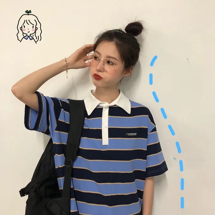

preppy style summer half blue black loose turn-down collar striped Korean ladies tops Women's Clothing fashion brand T-Shirts