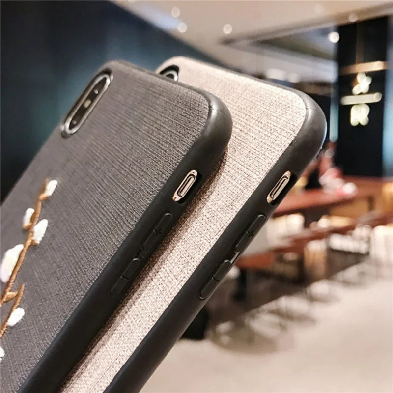 Вышитый Чехол для iPhone X XR XS Max тканевый ПУ + Мягкий ТПУ силиконовый чехол с цветком