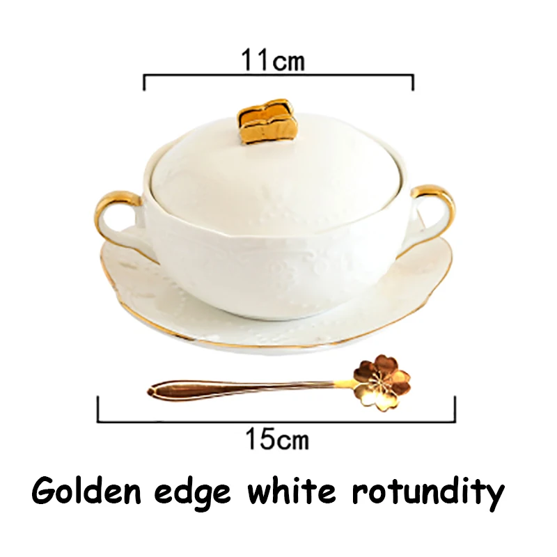 Golden edge white R Салатники с крышкой и поддоном, миска для риса, бинауральные красивые контейнеры для еды, роскошная посуда, посуда для различных видов использования, 1 набор - Цвет: Golden edge white R