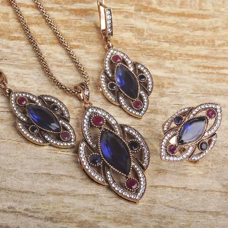 blue gold Blucome Турецкая подвеска, ожерелье, серьги, кольцо, ювелирный набор, цветок, кристалл, смола, для женщин, для банкета, вечерние, Femme, украшения, бижутерия - Окраска металла: blue gold