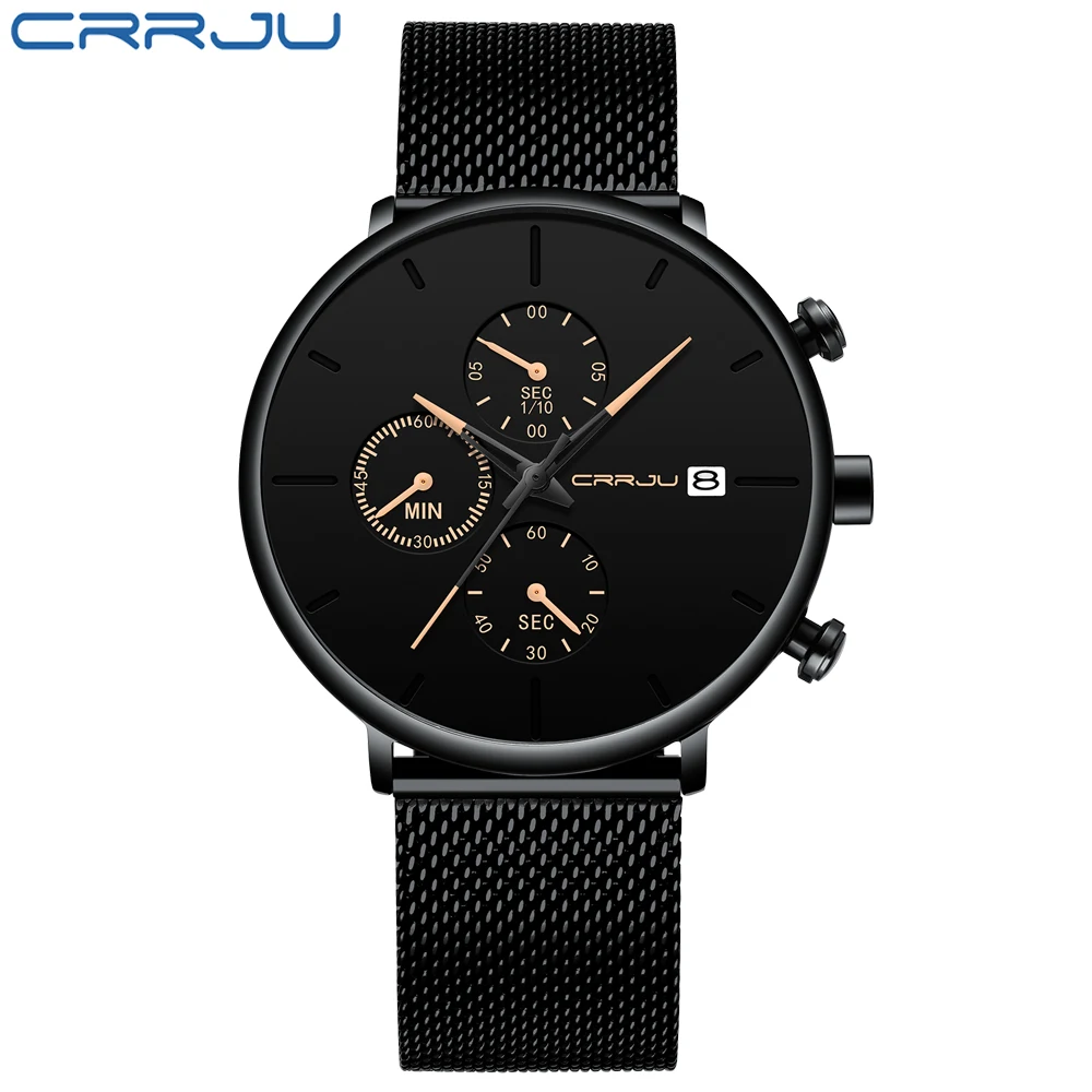 Часы CRRJU Мужские кварцевые с хронографом простые классические черным