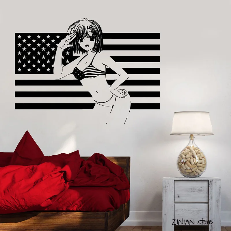 

Anime Sexy Suite Girl Wall Decals Manga Women With USA Flag Wall Sticker Removable Art Mural Home Decoration Wallpaper H029