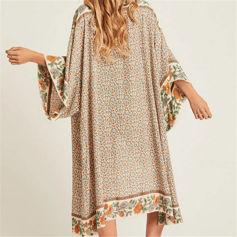 hirigin New Fashion Womens Cotton Floral Printed Cover-up Blouses Female Summer Beach Style Long Blouses Ladies Casual Shirts