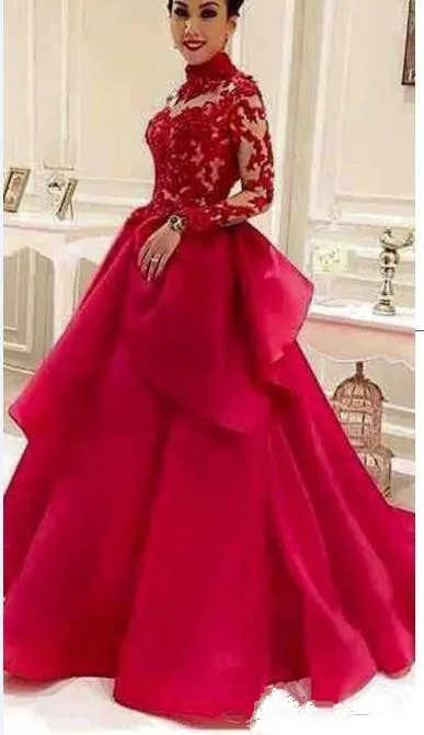 High Neck Long Sleeve Red Wedding Dresses Lace Organza A Line Floor Length Vintage Design Bridal Gowns Custom Vestido de novia | Свадьбы и