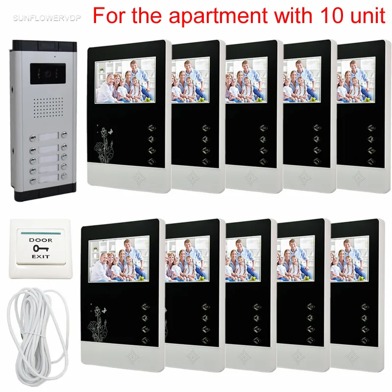 

10 квартиры домашний видео телефон двери 4,3 дюймов цветные экраны видео домофон система ночного видения CCD дверной звонок с камерой 10 ключей