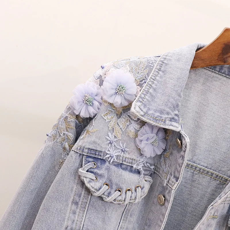 

2019 Women Jacket Coat Flower Embroidery Patch Women Jackets Abrigo Mujer Tops For Women Chaquetas Mujer Women Denim Coat