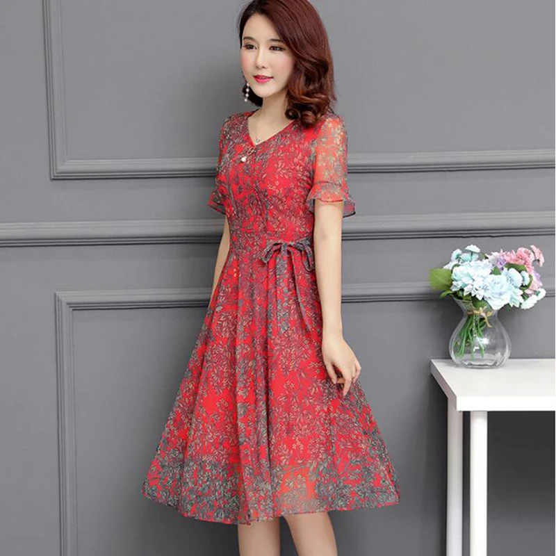 Новый летний Цветочный принт шифоновое платье 2019 среднего возраста Для женщин