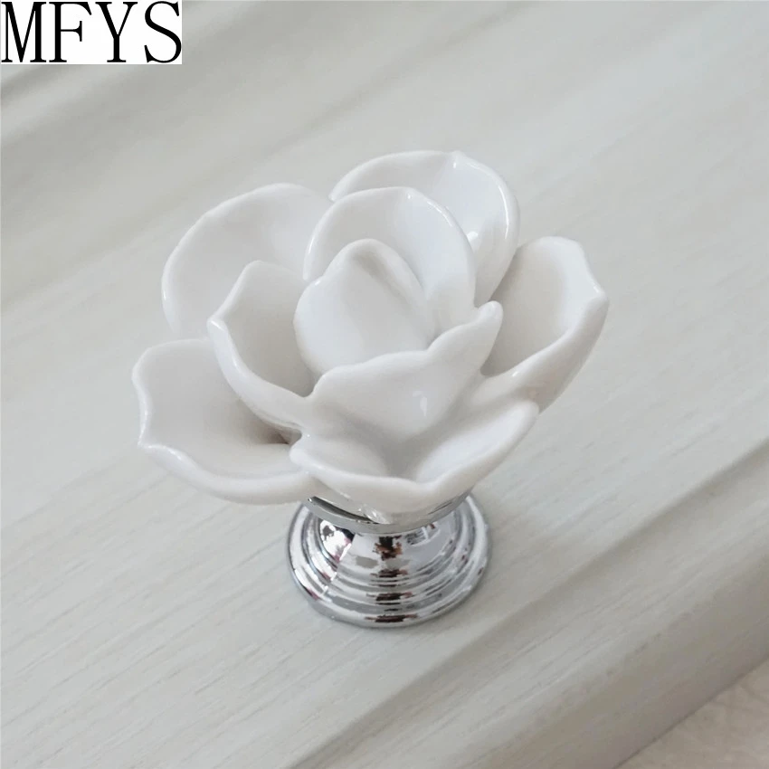 

White Flower Knob Dresser Knobs Drawer Pulls Handles Silver / Kitchen Cabinet Knobs Handle Ceramic Rustic Rose Lotus Hardware