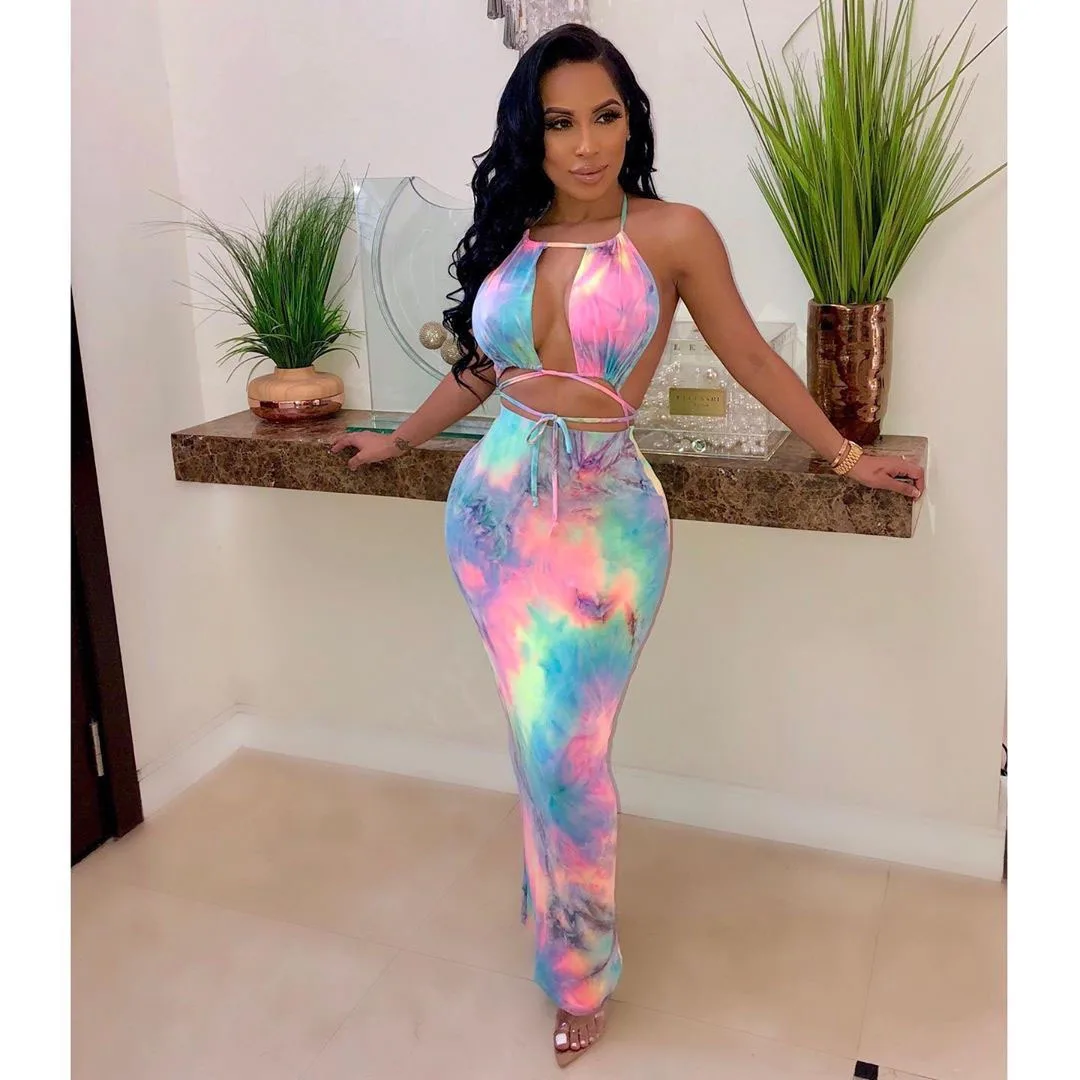 

HAOOHU Tie Dye Long Bandage Dress Women Summer Vestidos Off Shoulder Backless Sexy Bodycon Party Club Dresses Maxi Sundress