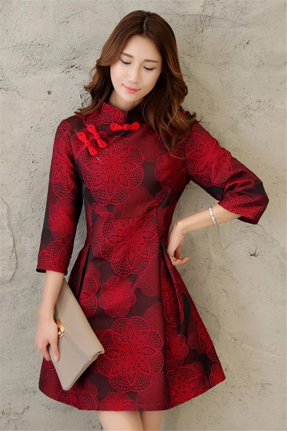 Женское платье Ципао красное туника с цветочной вышивкой|dress women flower|dress womenshort dress |