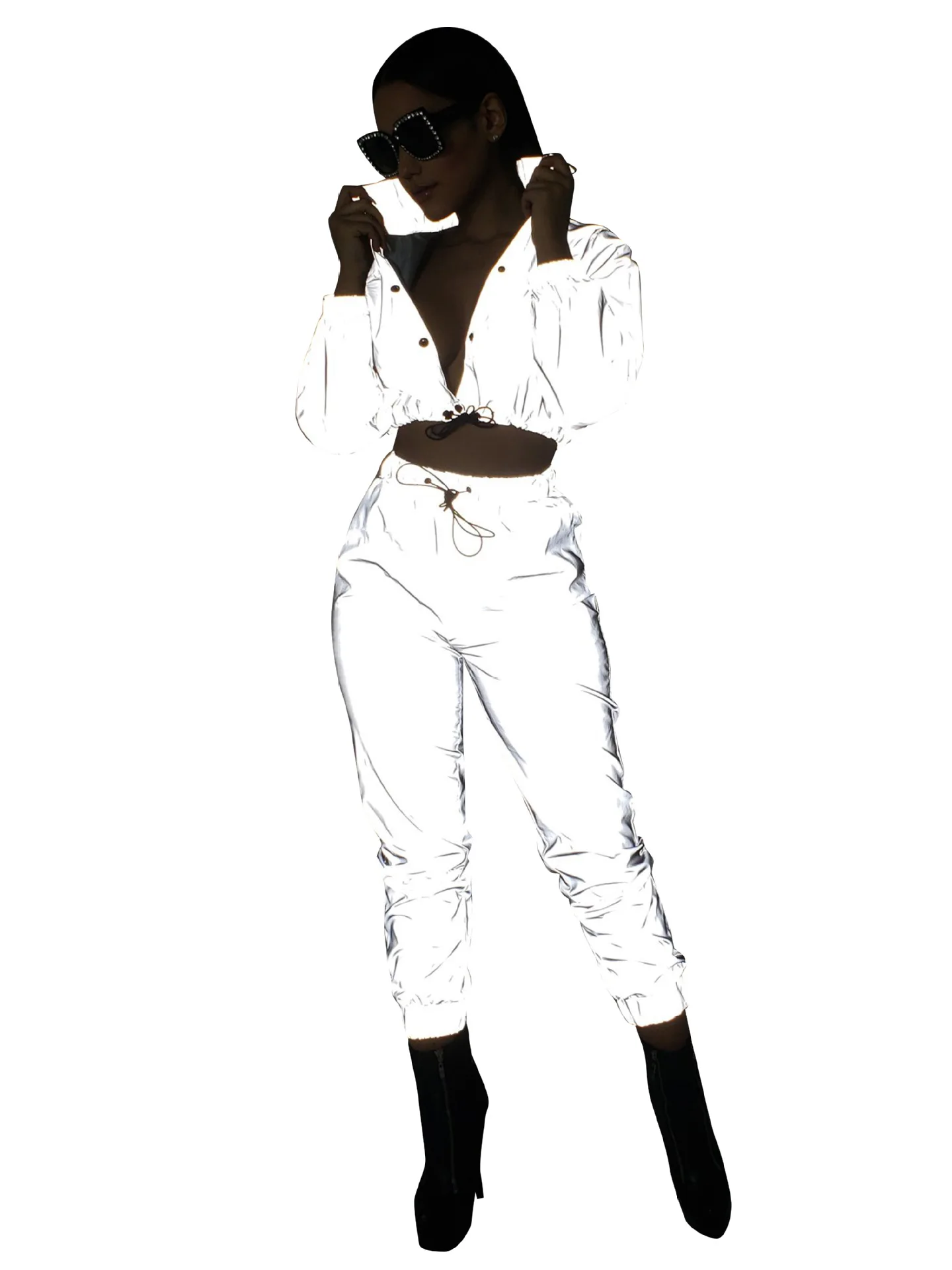 Women Sexy Reflective Tracksuit Night Version Buttons Turn Down Collar Long Sleeve Crop Top+ Casual Pants Two Piece Set