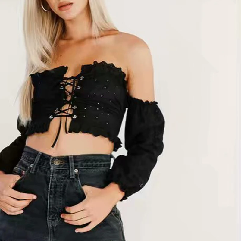 Корейская модная одежда лето 2018 Длинные рукава Растениеводство Топ Белый черные