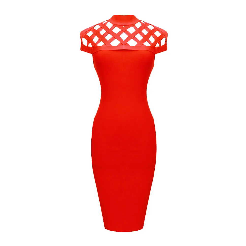 HQBORY Rayon Short Sleeve Bodycon Bandage Dress New Fashion High Neck Hollow Out Lattice for Party Club