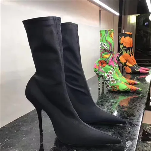 Сексуальные туфли на эластичные ботинки обувь высоком каблуке Женская с острым