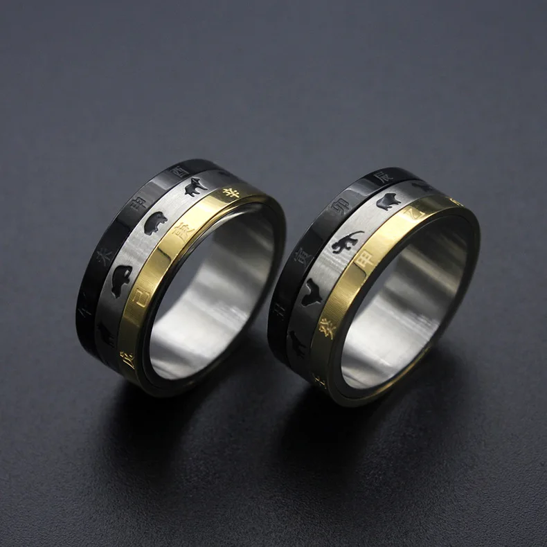 Men's Zodiac Chinese style letter Ring Cool gold Black Stainless Steel Wia Rings for Men Jewelry dropshipping | Украшения и
