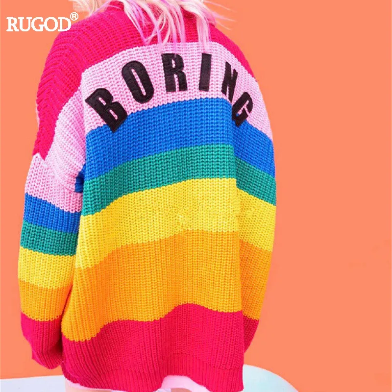 Rugod 2019 Rainbow Cardigan Women Sweater Loose Letter Print Knitted Tops Femme Brand Casual Poncho Open Stitch |