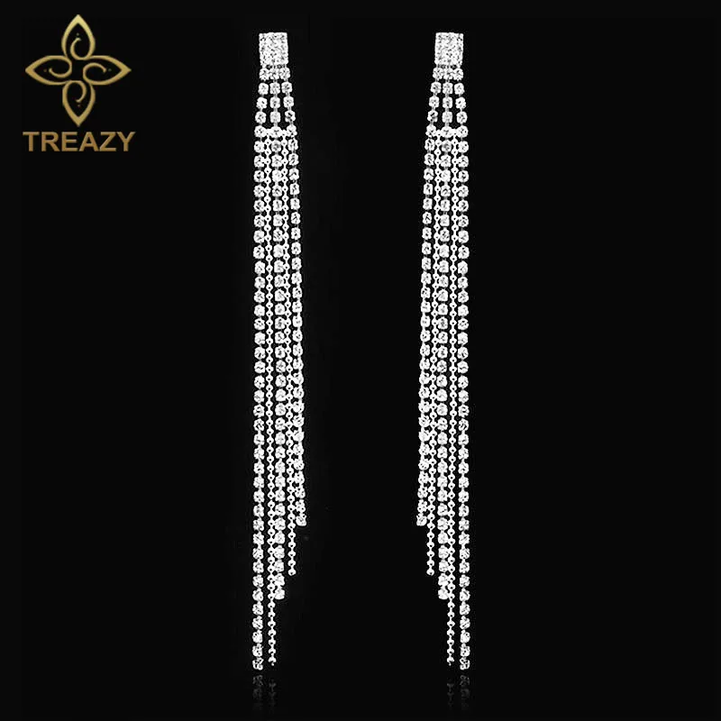 Свадебные серьги TREAZY, с кристаллами, серебристого цвета, с кисточками, стразы, длинные висячие серьги для свадебной вечеринки