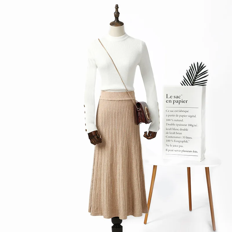 

2019 Women knitted long skirt winter warm sweater stripe A-line maxi skirts midi knit female bottoms casual swing skirt