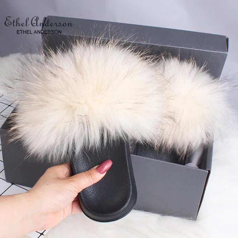 Beige Raccoon Fur Ethel Anderson леди пушистые тапочки реального енота Мех животных направляющие Летние повседневные сланцы хорошее качество пляжные сандалии плюш - Цвет: Beige Raccoon Fur