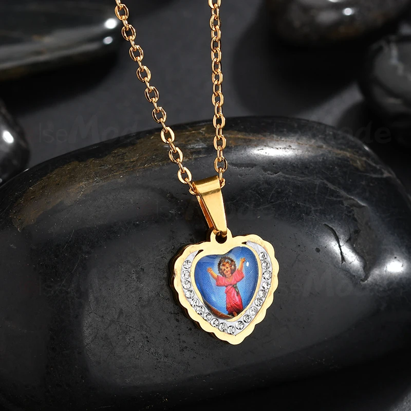 ELSEMODE Clear Crystal Baby Jesus Heart Pendant Necklaces Gold Titanium Stainless Steel Bling Necklace Catholic Jewelry | Украшения и