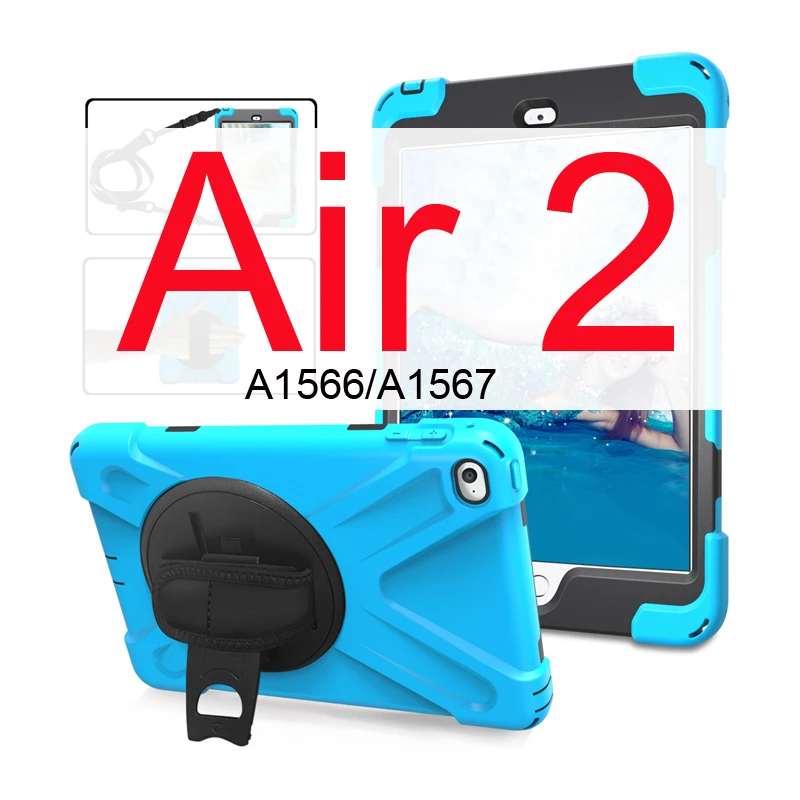 Чехол для iPad Air 1 2 9,7 детский противоударный сверхпрочный силиконовый Жесткий чехол+ ремешок на руку для iPad Air 2 Чехол 5 6 Чехол подставка - Цвет: Blue for air 2