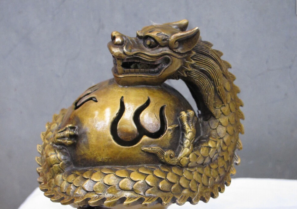 9&quotChinese Feng shui Bronze gilt Coiled dragon Seal of Fire ball incense burner | Дом и сад