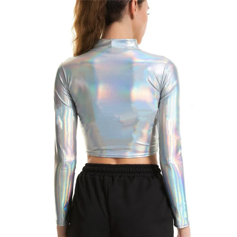 Dazzling Metallic Colors Women Basic Tee Shirt Fashion Turtleneck Long Sleeve Crop Tops Sexy Skinny T Shirts Casual Streetwear images - 6