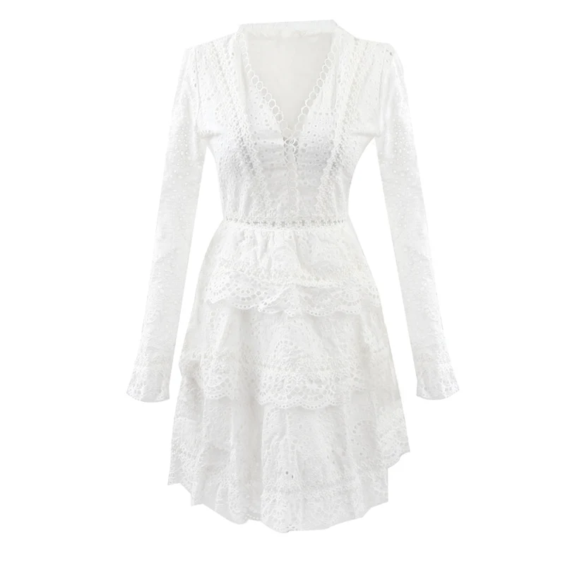 

Newest Stylish 2019 Designer Runway Dress Women's Long Sleeve Deep V-neck Hollow Out Luxurious Embroidery Black and white Dress