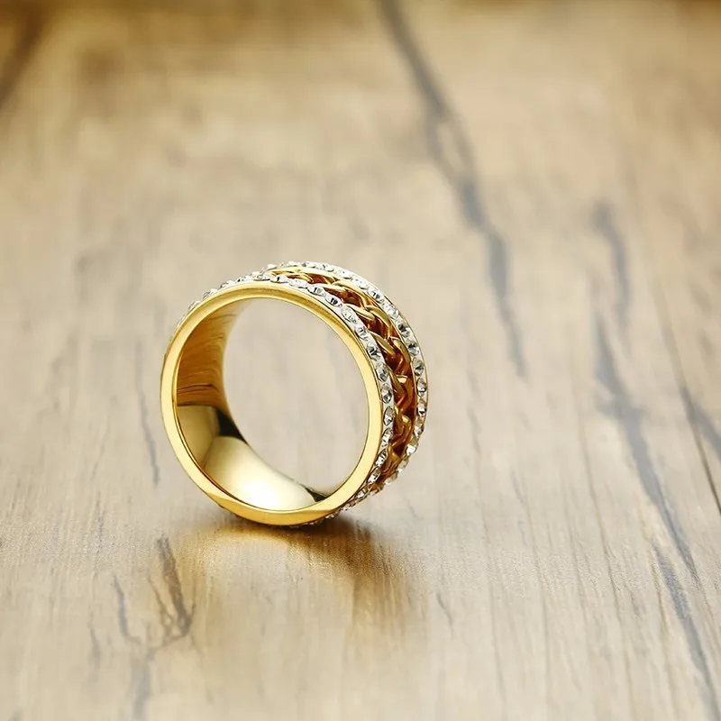 Прядильная цепь кольцо для мужчин кристальная инкрустация золотой тон