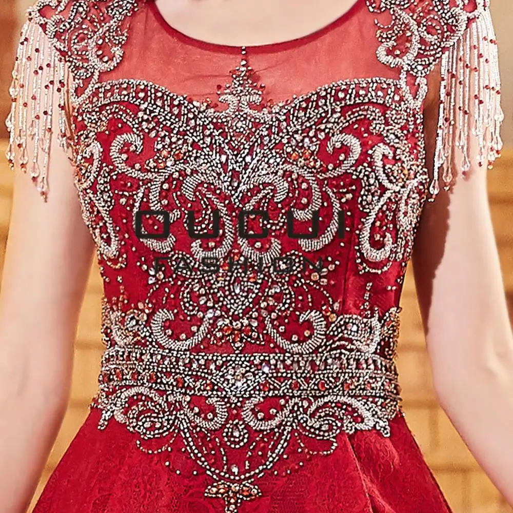 2019 Newest Red Ball Gown Lace Evening Dresses Cap Sleeve Tassel Beading Crysrtal Prom Dress Elegant Vestido Wear Party OL103291