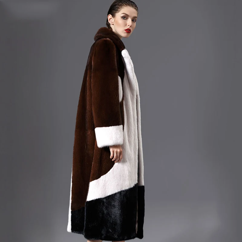 LVCHI Winter 2019 Import Mink Fur Coat Women's Long Sleeve Coat Patchwork Color Real Natural Fur X-Long Tassel Causal Mink Coats
