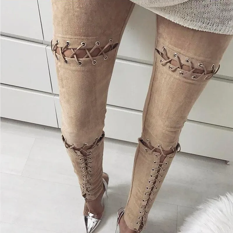 Hirsionsan замшевые кожаные штаны Осенне зимняя Дамская обувь Кружево Up Bodycon Штаны с